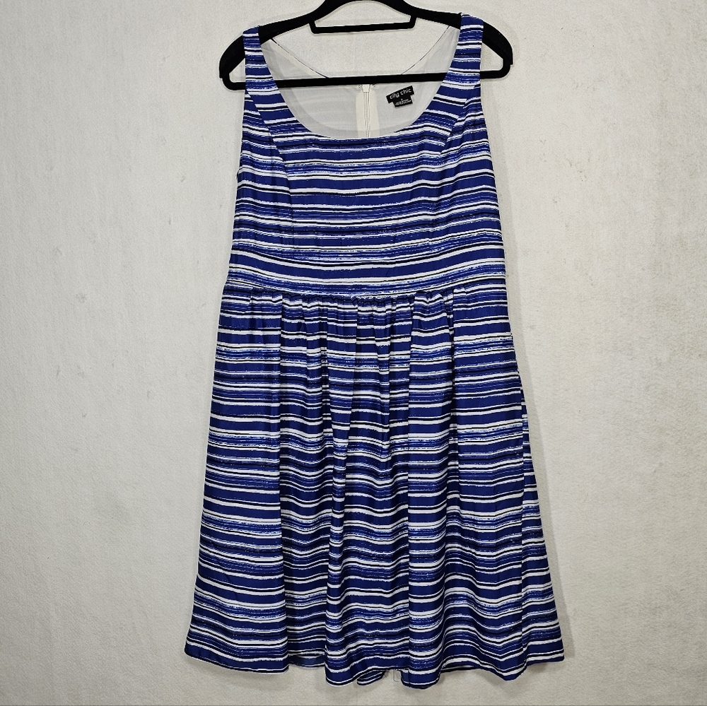 City Chic Maroon Blue Striped Fit and Flare Pleated Tea Length Dress 16